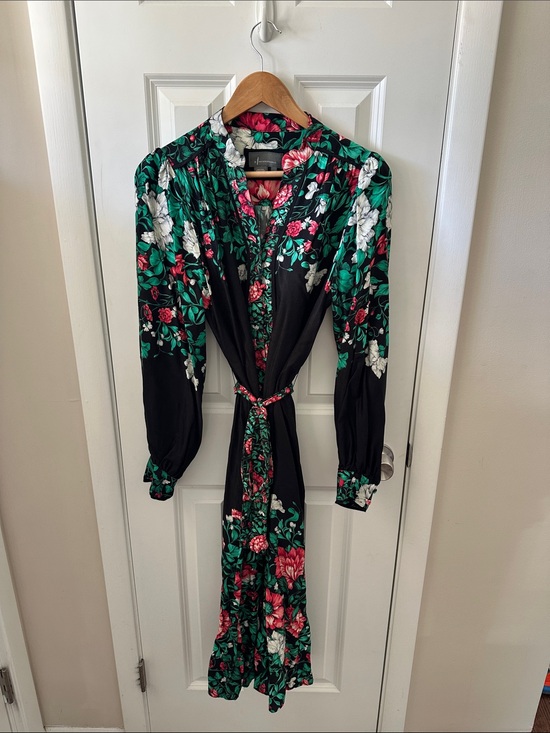 Anthropologie Dresses & Skirts - Anthropologie Black Floral Wrap Dress with Green and Pink Accents